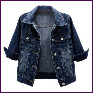 Women's 3/4 Sleeve Cropped Denim Jacket Cotton Polyester Casual